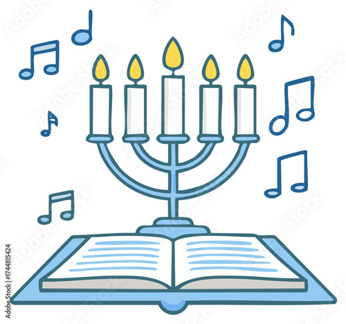 Cartoon style candelabra lighting over an open book surrounded by floating music notes