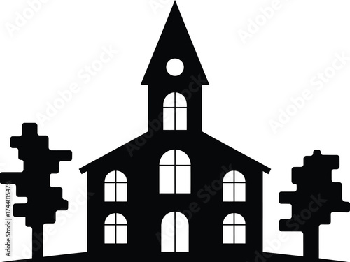 Church Silhouette with Tree Outline Serene Religious Building and Natural Elements