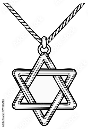 Black and white line art of a Star of David pendant necklace, a symbol of Judaism