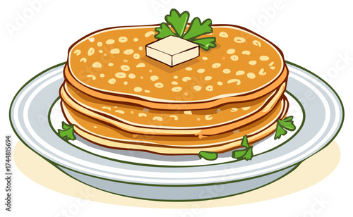 Stack of pancakes with butter and parsley on a plate