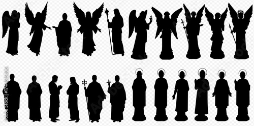 A collection of black silhouettes depicting various religious figures, including angels with wings and saints with halos.