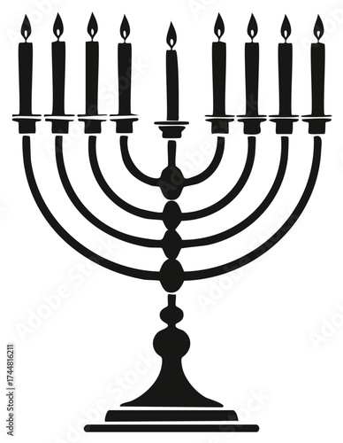 Black silhouette of a traditional menorah with lit candles for Hanukkah celebration