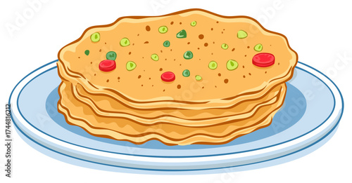 Stack of Dosa Pancakes on Plate, Cartoon Style, Delicious Asian Food