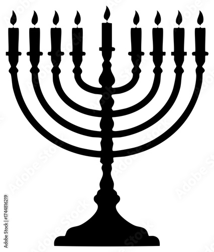 Hanukkah menorah silhouette with nine burning candles for the Jewish holiday celebration