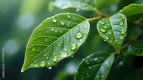 Lush green leaves adorned with glistening raindrops.