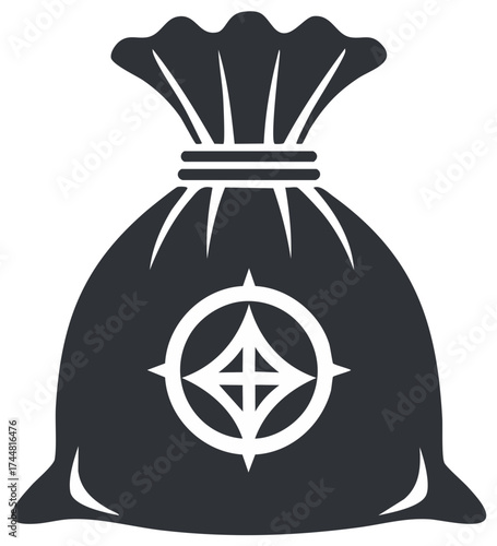 Black and white icon of a treasure sack with a mystical compass symbol