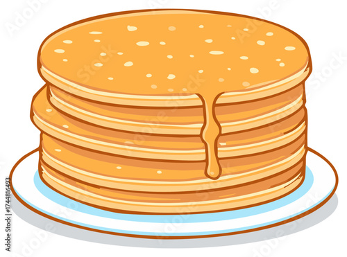Stack of Pancakes with Syrup Drizzling Down on a Plate, Delicious Breakfast Food Vector Illustration