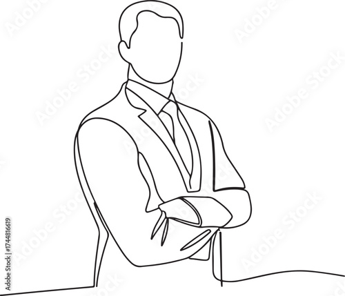 Minimalist line drawing of a businessman in a suit thinking with hand on chin one line
