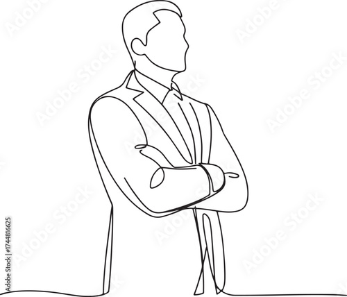 Minimalist line drawing of a businessman in a suit thinking with hand on chin one line