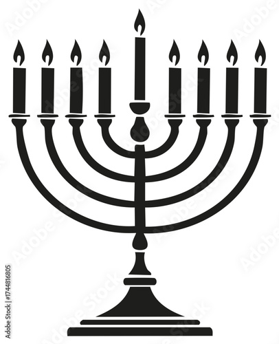 Hanukkah Menorah Icon with Nine Lit Candles for Jewish Holiday Celebration in Elegant Silhouette