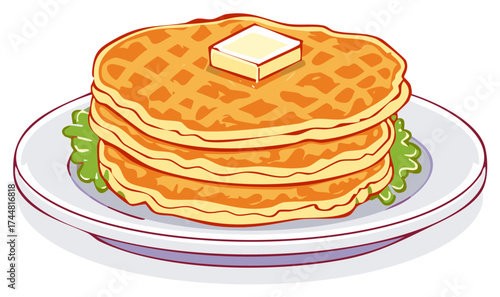 Stack of golden waffles with butter on a white plate, breakfast