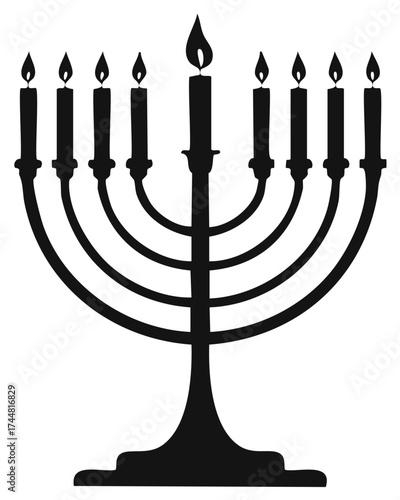 Black silhouette of a Hanukkah menorah with nine candles and flames