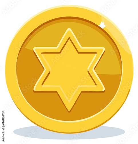 Gold Coin Graphic with Star of David, a Jewish Symbol of Judaism, Israel and Jewish identity. Round vector icon.