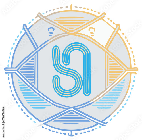 Letter S in a Decorative Geometric Circle, Blue and Gold Color Scheme, Logo Design