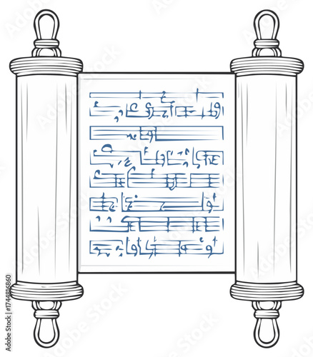 Ancient Scroll with Sacred Text or Musical Notation Line Art Illustration