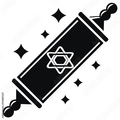 Illustrated Torah Scroll with Star of David, Holiday, Celebration, and Religious Symbol Elements