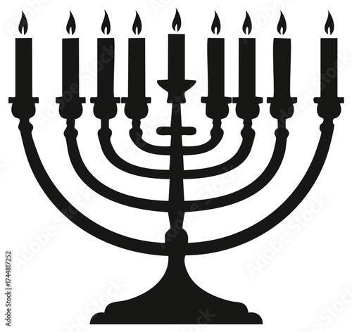Hanukkah Menorah Silhouette with Nine Lit Candles Representing the Jewish Festival of Lights