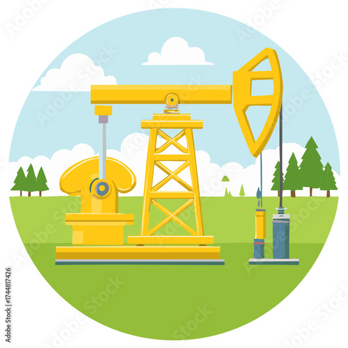 Oil Pump Jack in Field with Trees Pumping Resources Extraction Illustration