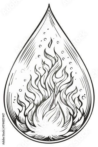Hand drawn illustration of a fire flame burning inside a water droplet