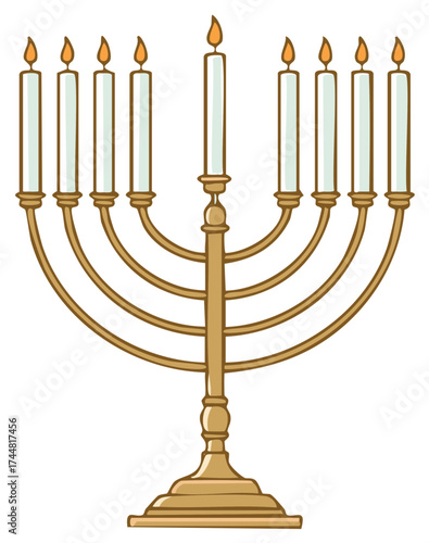 Cartoon illustration of Hanukkah menorah with lit candles, gold and white design
