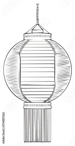 Hand drawn traditional Chinese lantern with tassel in black and white line art style illustration