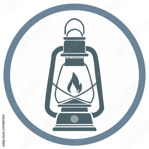 Vintage lantern vector illustration enclosed in blue circle, classic camping lamp for adventure themes