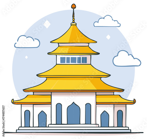 Stylized yellow pagoda building with multiple tiers and a pointed spire against a soft blue sky with clouds