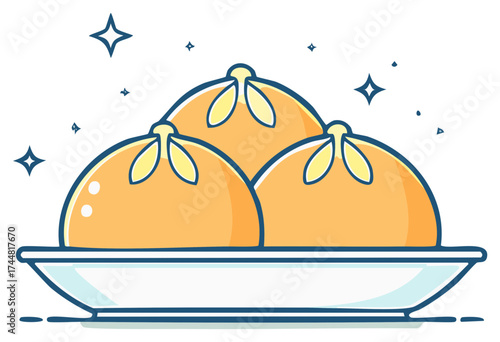 Three delicious steamed Asian buns or baozi on a plate cartoon vector illustration