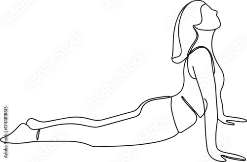 Line drawing of a woman in cobra pose yoga stretching her back