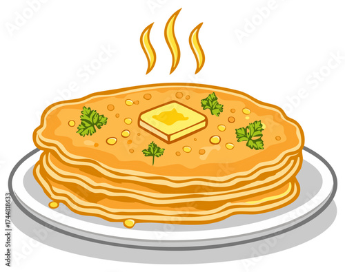 Stack of fluffy pancakes topped with melting butter and fresh parsley served on a plate with steam rising