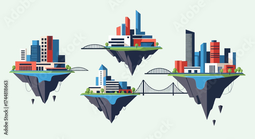 A collection of futuristic floating cities on islands in the sky.