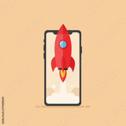 A dynamic red rocket launches from a sleek smartphone screen, illustrating rapid digital growth, innovative mobile app development, and swift progress.