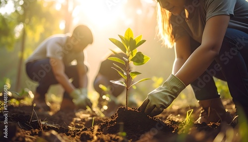 Personas plantando árboles jóvenes en el bosque al atardecer, concepto de sostenibilidad y medio ambiente