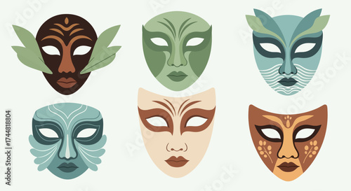 A diverse collection of six stylized ethnic and animal masks.