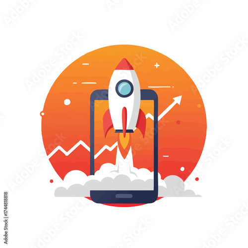 A vibrant illustration depicting a rocket launching from a smartphone, symbolizing rapid business growth, successful app development, and digital startup acceleration.