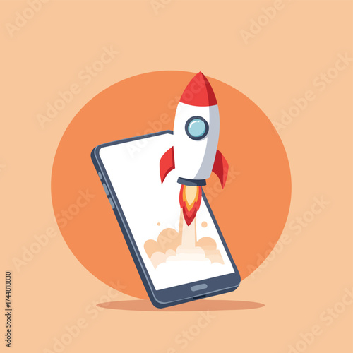 A vibrant illustration depicts a rocket launching from a modern smartphone screen, symbolizing rapid app development, digital innovation, and business startup success.