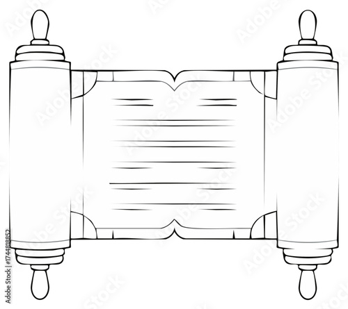 Black and white line art of an ancient open scroll with blank space for text