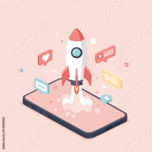 An isometric illustration depicts a rocket launching from a smartphone screen, symbolizing a successful mobile app startup and rapid digital business growth.