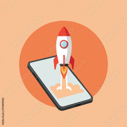 This dynamic illustration features a red and white rocket launching from a smartphone, symbolizing rapid digital innovation, successful app deployment, and startup growth.