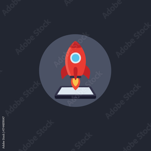 A vibrant red rocket iconically launches from a sleek digital tablet screen, symbolizing rapid business growth and technological innovation in the digital age.