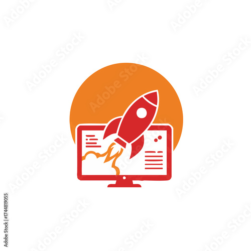 A vibrant red rocket iconically launches from a sleek computer monitor, symbolizing rapid digital growth, innovative startup success, and accelerated online business development.