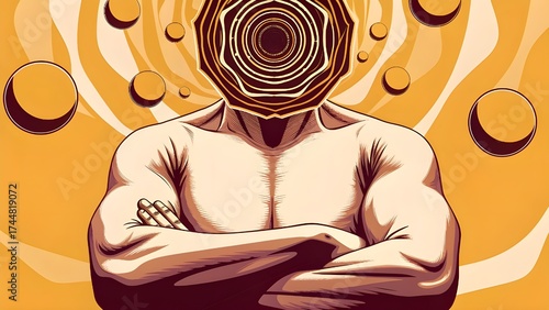 A muscular figure with arms crossed, a geometric head, and swirling background.