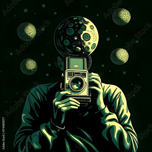 An abstract illustration of a person holding a vintage camera, with a moon-like sphere replacing their head, set against a dark, starry background.