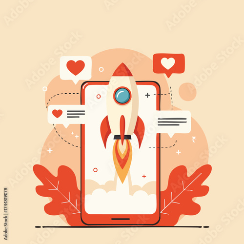 A rocket launching from a smartphone screen surrounded by social media engagement icons, symbolizing rapid digital growth and successful online business strategy.