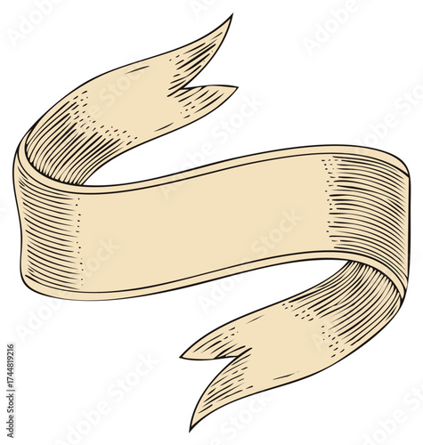 Engraved illustration of an old beige banner ribbon with curved flowing edges and hatched shading