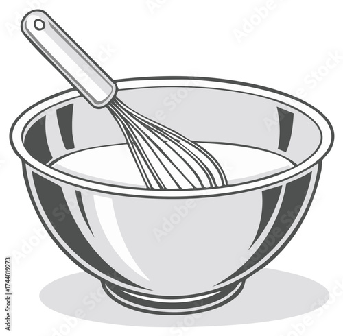 Stainless steel mixing bowl with whisk inside and liquid