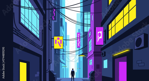 A lone figure stands in a vibrant, neon-lit urban alleyway at night.