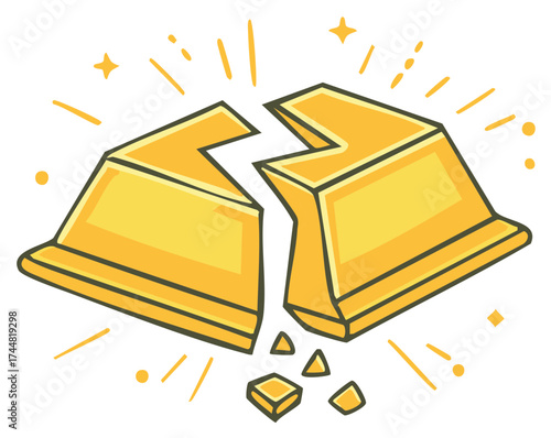 Broken Gold Block Concept Illustration. Symbol of breakage or financial problem.