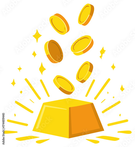 Golden coins falling towards the ingot