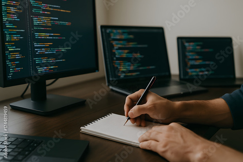 Software developer coding at night, tech lifestyle, productivity vibe, shallow depth of field